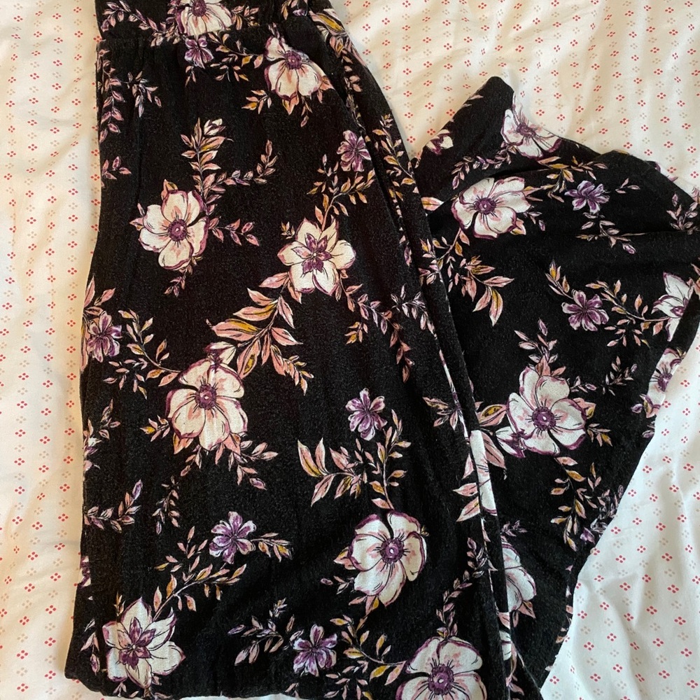 Boho Elastic Waist Flowy Black Floral Pants